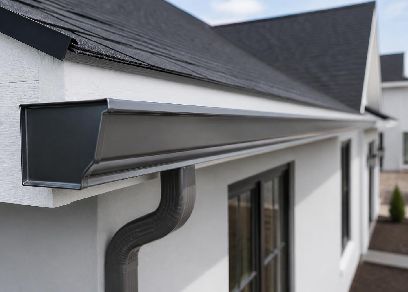 Newly installed seamless gutter and downspout on the roofline of a modern new construction home